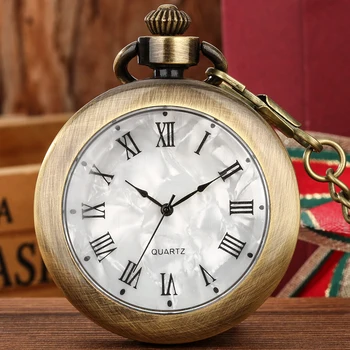 A Face Aberta De Quartzo Relógio De Bolso Numerais Romanos Mostrador Redondo De Bronze Liga De Caso Fob Corrente Pingente De Bolso Relógio Vintage Relógio De Presente