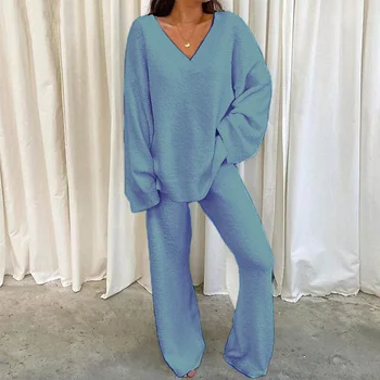 Inverno Confortável Sólido Homewear Dois Conjuntos de peças de Mulheres com decote em V Pulôver de Manga Longa+Calça Quente Terno Casual Diário de Pijama Roupas
