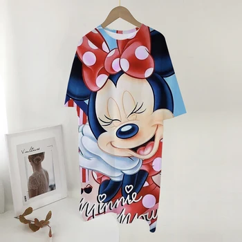 Mickey de Disney do Rato de Mulheres T-Shirt Vestidos de Verão de Manga Curta Mini Vestido Solto Impresso O Pescoço dos desenhos animados de Impressão Vestes de Streetwear