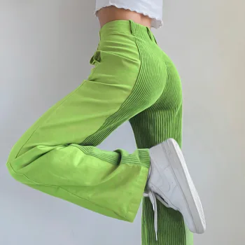 Moda Calças de Veludo cotelê Mulheres Largas e de Cintura Alta Contraste de Retalhos de Calças Y2K Streetwear Casual Reta Cavallari Estilo coreano