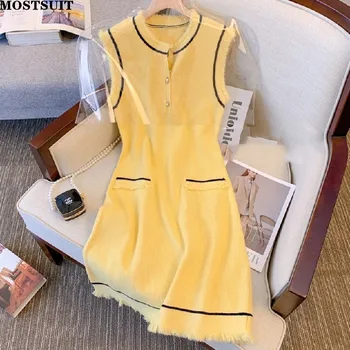 2022 Verão Amarelo Vintage Vestido de Malha de Mulheres sem Mangas, Gola Redonda, Uma linha de Mini Vestidos coreano Moda Elegante de Senhoras Vestido