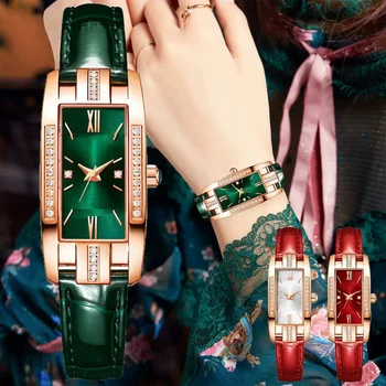 WOKAI Marca Mulheres Relógios de Moda Praça Senhoras Relógio de Quartzo Pulseira Conjunto Verde de Discagem Simples Rosa de Malha de Ouro as Mulheres de Luxo Relógios
