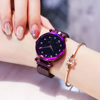 Mulheres Casual Magnético BuckleWristwatch Romântico Céu Estrelado Design Bracelete Simples de Moda do cristal de rocha Impermeável Relógio para Mulheres