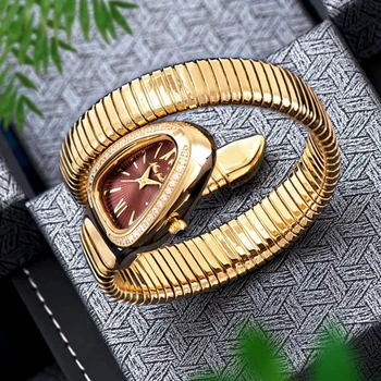 Marcas de moda MISSFOX Luxo Gold Cobra Mulheres Relógios de Aço Cheia de Relógios de pulso de Quartzo Diamante Relógios Impermeável Senhora Presente Reloj
