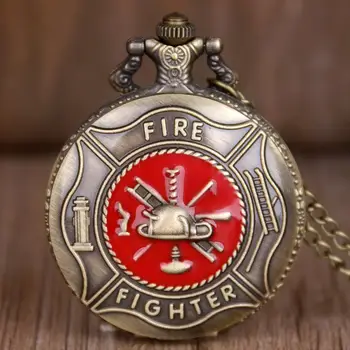 Vermelho bombeiro Relógio de Bolso de Bronze Steampunk Bombeiro Relógios de Quartzo Homens Mulheres Pingente Colar de Presente CF1072