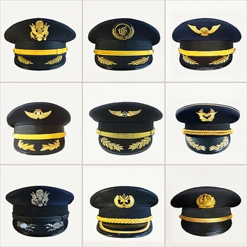 Alta Qualidade Homens, Mulheres Militar Cap Segurança Chapéu Grande General do Exército Aviador Caps Capitão Chapéus Palco Cosplay Uniforme Acessórios