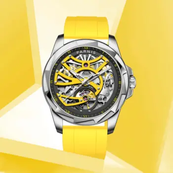 Moda Parnis 43mm Amarelo de Marcação dos Homens de Relógio Vidro de Safira Pulseira de Borracha Mecânico Automático de Relógios de alto Luxo da Marca 2022 Presente