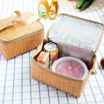 Artificial de Vime Sacos de Almoço Portátil Isolados Caixa para Piquenique, Camping Recipiente de Comida Térmica Cooler Bolsa Tote Bolsa de Armazenamento