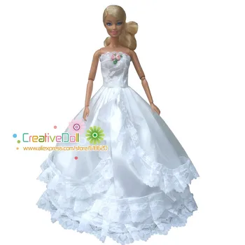 Frete grátis chegada Nova Lace Branco vestido de noiva com véu para boneca barbie