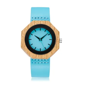 Genuíno Azul Pulseira De Couro De Imitação De Madeira De Bambu Assista Simples Relógio De Pulso Da Moda, Relógios De Quartzo Irregular De Discagem Caso De Relógios De Pulso