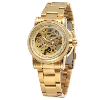 Nova Moda Das Mulheres Relógio Mecânico Automático Esqueleto De Design De Melhor Marca De Luxo Dourada Pulseira De Aço Inoxidável De Prata Relógios Reloj