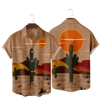Cactus Paisagem do Deserto Vintage Camisa de Impressão de Moda Casual Férias de Praia Havaiana de Verão Bolso de Camisas para Homens e Mulheres