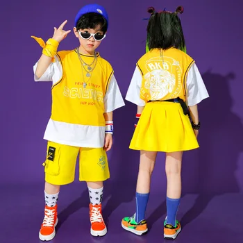 Crianças Concerto de Hip-Hop de Vestuário, Amarelo T-Shirt Tops de Mini-Saia, Calças de Streetwear para Meninas Meninos de Dança Jazz Traje de Mostrar Roupas