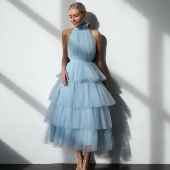 2022 Moda Elegante, Recatada Céu Azul de Uma linha de Mulheres Vestido de Babados de Tule em Camadas Halter Vestido de baile de Fotografia de Cores Personalizadas Feitas