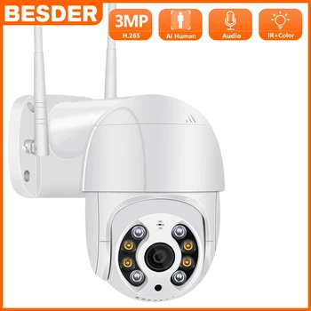 BESDER 3MP Câmera do IP de PTZ WiFi Ai Detecção Humana 1080P H. 265 sem Fio ao ar livre de CCTV Câmera de Vigilância de Vídeo Zoom Digital de 4X P2P