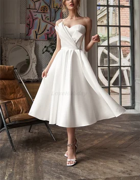Curta Vestidos De Noiva Uma Linha Em Branco Vintage Querida Vestido De Noiva De Cetim De Comprimento Chá Frete Grátis Vestidos De Noiva 2022