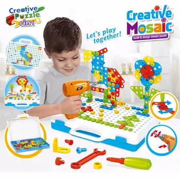 Parafuso da perfuração do 3D Creative Mosaico, Quebra-cabeça de Brinquedos Para Crianças Tijolos para Construção, Brinquedos de Crianças DIY Broca Elétrica do Conjunto de Meninos Brinquedo Educativo