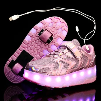 Crianças de Um, Dois, Rodas Luminosas Brilhante Tênis de Ouro cor-de-Rosa de Luz Led Rolo de Sapatos de Skate de Crianças Led Sapatos de Meninos Meninas rapazes raparigas de Carregamento USB