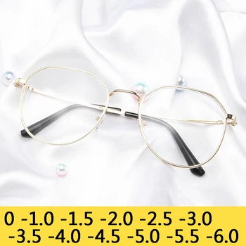 Poligonal Miopia Óculos Mulheres De Óculos Senhora De Luxo Retrô Homens Metal Óculos Vintage Espelho -1.0 -1.5 -2.0 -2.5 -3.0 -3.5 -4.0