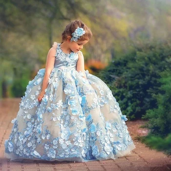 2022 Novos garotos Vestidos de Festa Concurso de Vestidos da Menina de Flor Para a Noiva 3D Floral Appliqued de Tule Criança Baile de Aniversário do Vestido