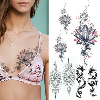 Minimalista Lotus Falsas Tatuagens Temporárias Para as Mulheres, Meninas 3D Espetos Flor Etiqueta da Tatuagem de Dragão Negro de Transferência de Água Tatoo Cintura