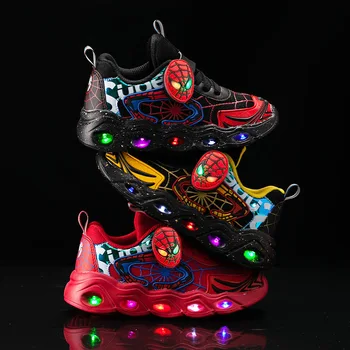 A Disney para crianças, meninas e meninos aranha sapatas antiderrapante macio, com solado de calçados esportivos do aluno tênis casuais sapatos de luz LED sapato