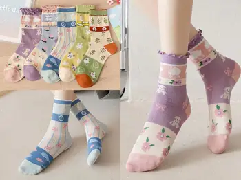 Pastoral estilo de meias femininas no tubo de meias plantar flores absorvem o suor laço respirável oco de malha meias de algodão