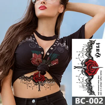 No peito a Tatuagem do Corpo Temporário Impermeável Etiqueta da Tatuagem de Jóias Rosa do laço Laço Decalque flor Cintura Arte Etiqueta da Tatuagem para Mulheres