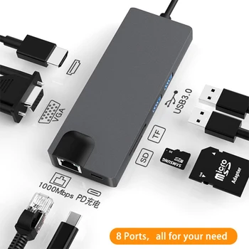 8 em 1 Tipo C Hub USB C-HDMI-HDTV compatível VGA USB 3.0 SD/TF Leitor RJ45 1000M USB-C o fornecimento de Energia para o MacBook Pro Adaptador