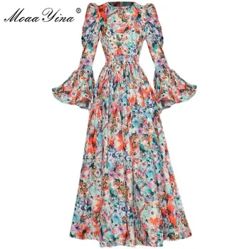 MoaaYina Designer de Moda de vestido de Primavera Mulheres Flare Manga Elástica cintura estampa Floral, Vestido de baile Vestidos Maxi