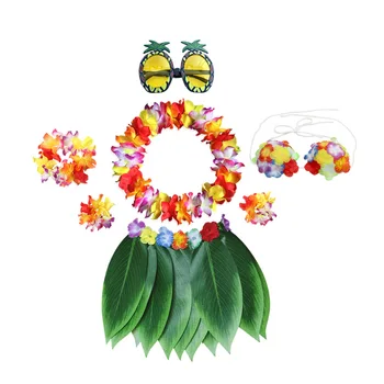 Elastic Havaiano Dançarina de Hula Grass Skirt com Flor Traje Conjunto com óculos