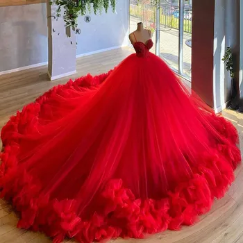 Luxo Vermelho Da Noite De Tapete Vestido De 2023 Muito Inchada Formal Robe De Sarau Oriente Médio Vestido De Formatura Longo De Dubai, O Desgaste Do Partido Vestidos